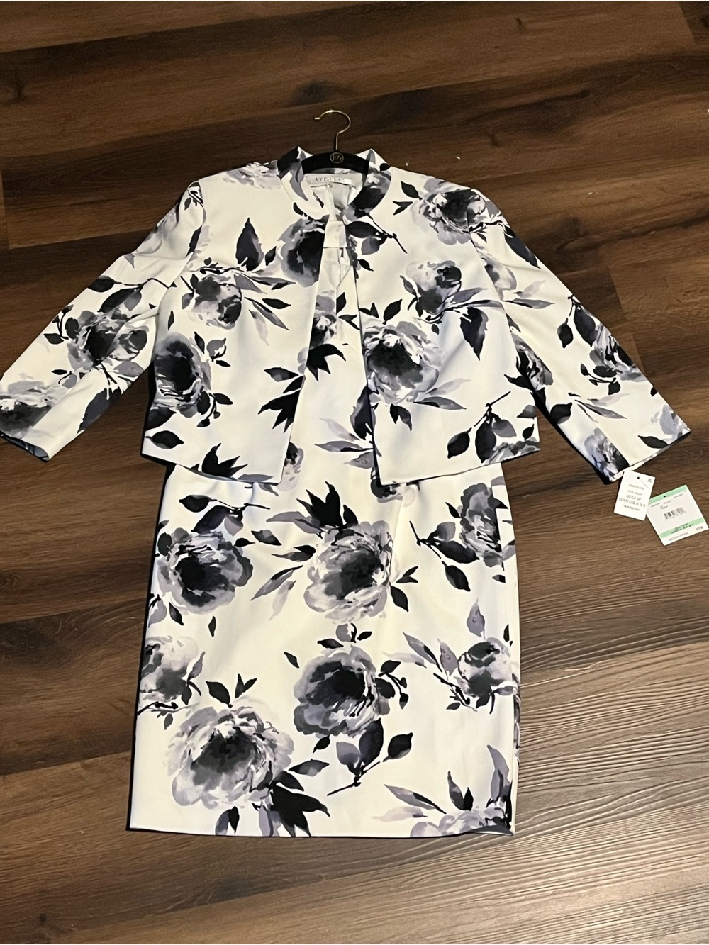 Kasper White Midi Dress and Cropped Jacket with Black Floral Print